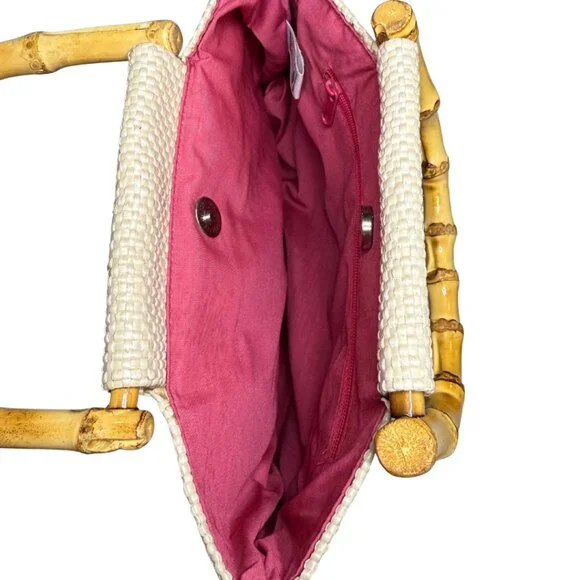 Vintage Style Old Navy Straw Woven Floral Handbag with Bamboo Handles - Picture 3 of 4